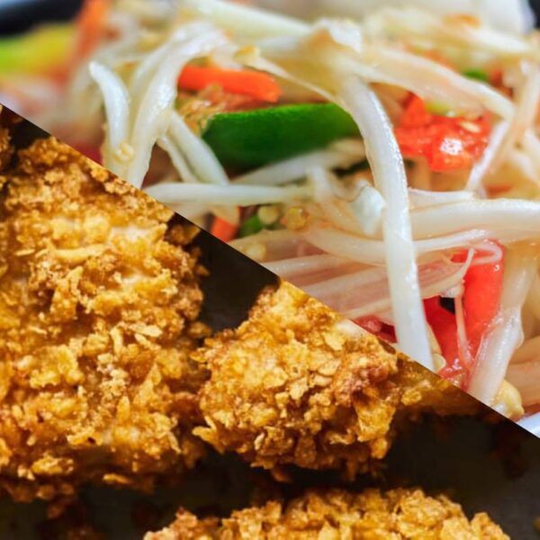 Green Papaya salad + poulet croustillant + riz blanc