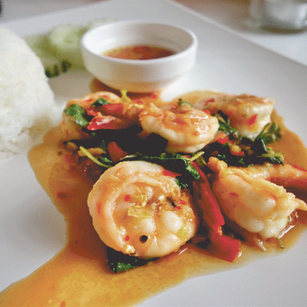 Crevettes basilic Thaï + 1 œuf + Riz blanc