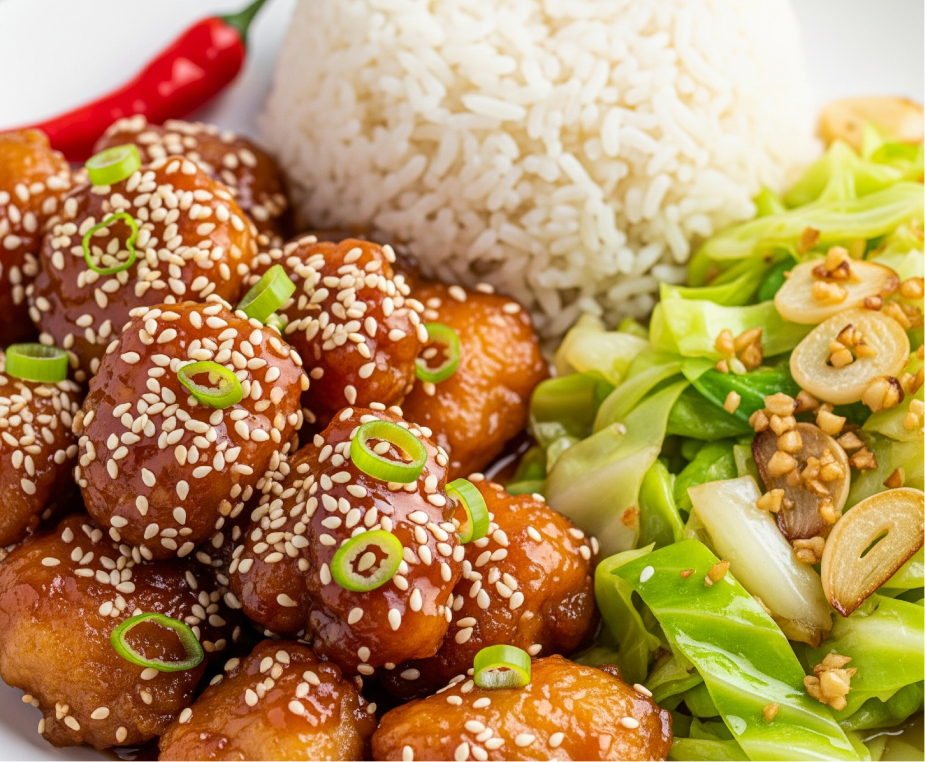 Poulet sweet aux graines de sésame + Riz blanc + Chou sauté