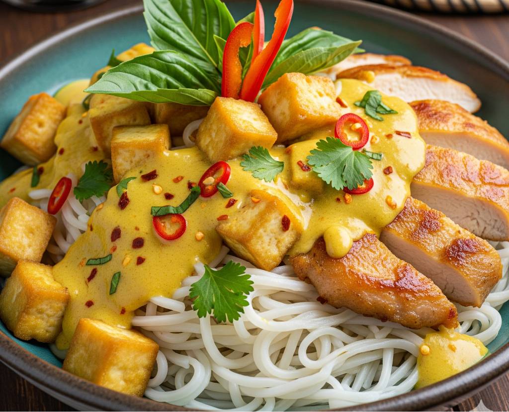 Bol de nouilles de riz + Tofu frais + escalope de poulet sauté + sauce coco curry jaune
