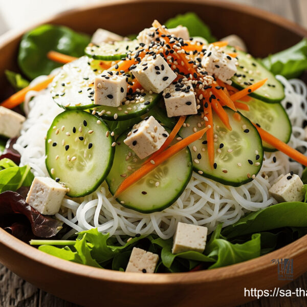 Salade verte, nouilles de riz, TOFU FRAIS mariné, concombre, carotte,  graines de sésame + sauce