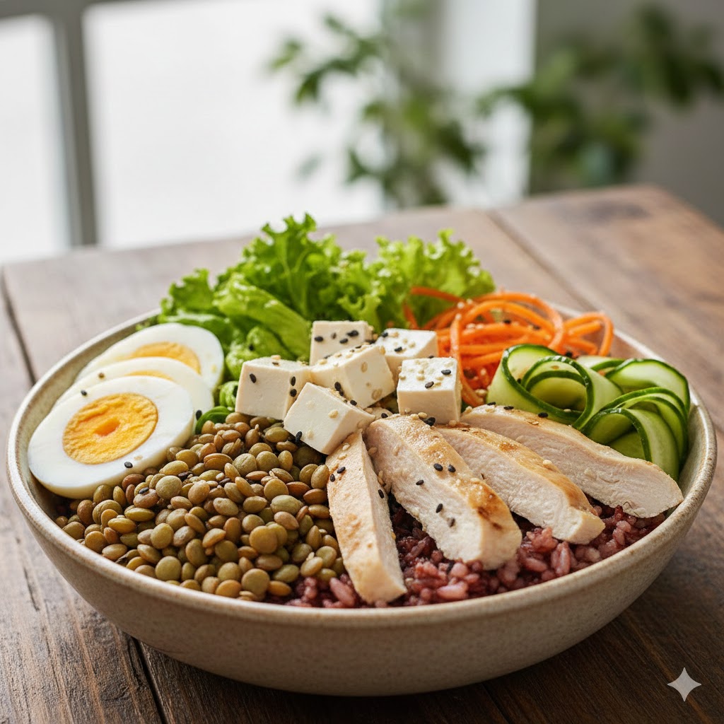 Salade proteinée - Escalope de poulet, TOFU BONBON piment, 1/2 oeuf dur, ptit riz basmati, lentilles, salade verte, carottes, concombre + sauce